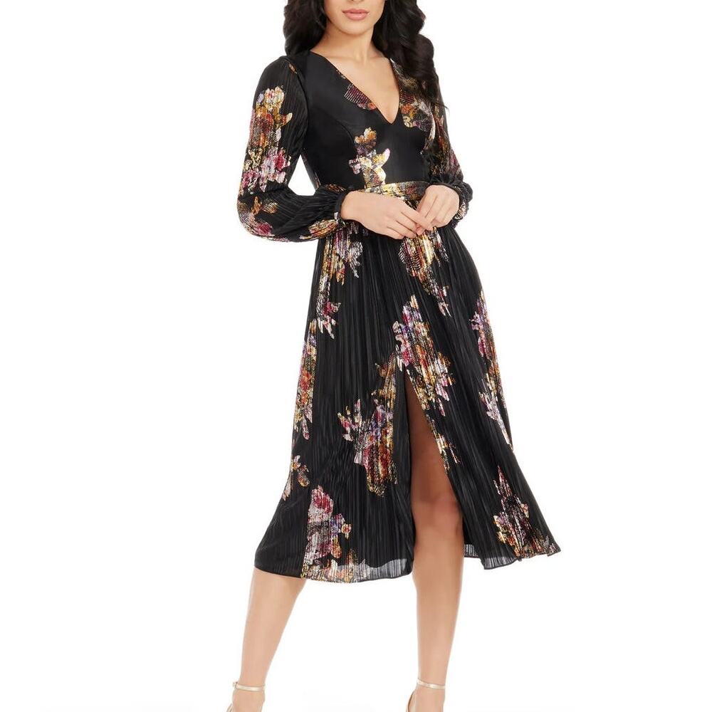 NEW Dress the Population Foil Floral Pleated Long Sleeve Midi Dress Size Medium